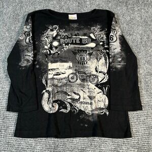 Mykonos Route 66 Graphic Tee Women L Black Excellent 3/4 Sleeve Biker Grunge